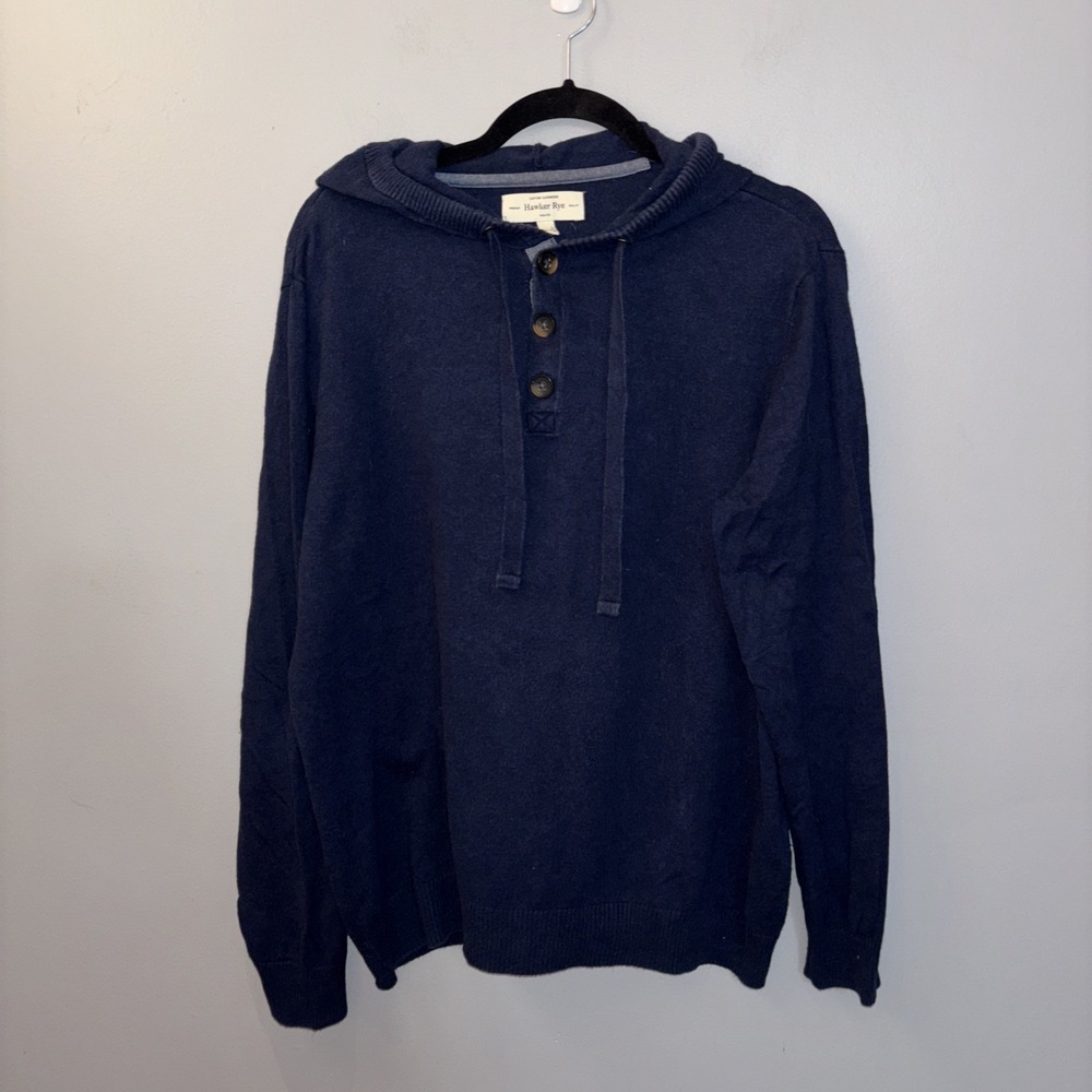 Hawker Rye Mens SzL  Navy Blue Long Sleeve‎ Henley Ribbed Hoodie Cotton Workwear